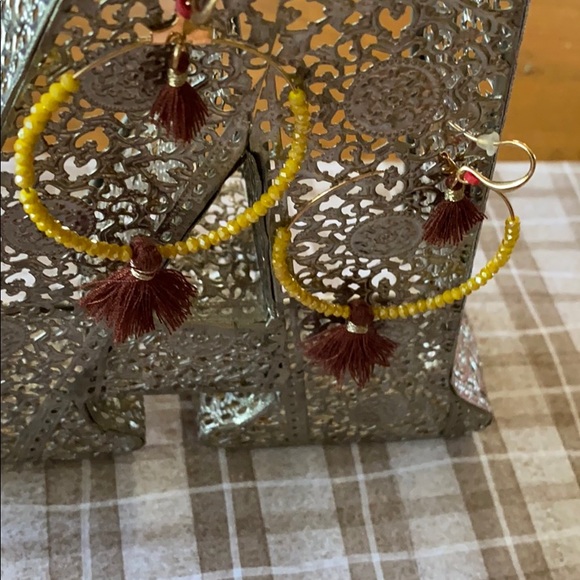 Earrings; Yellow Beaded Hoop; Tassel;  Pierced - Picture 5 of 7